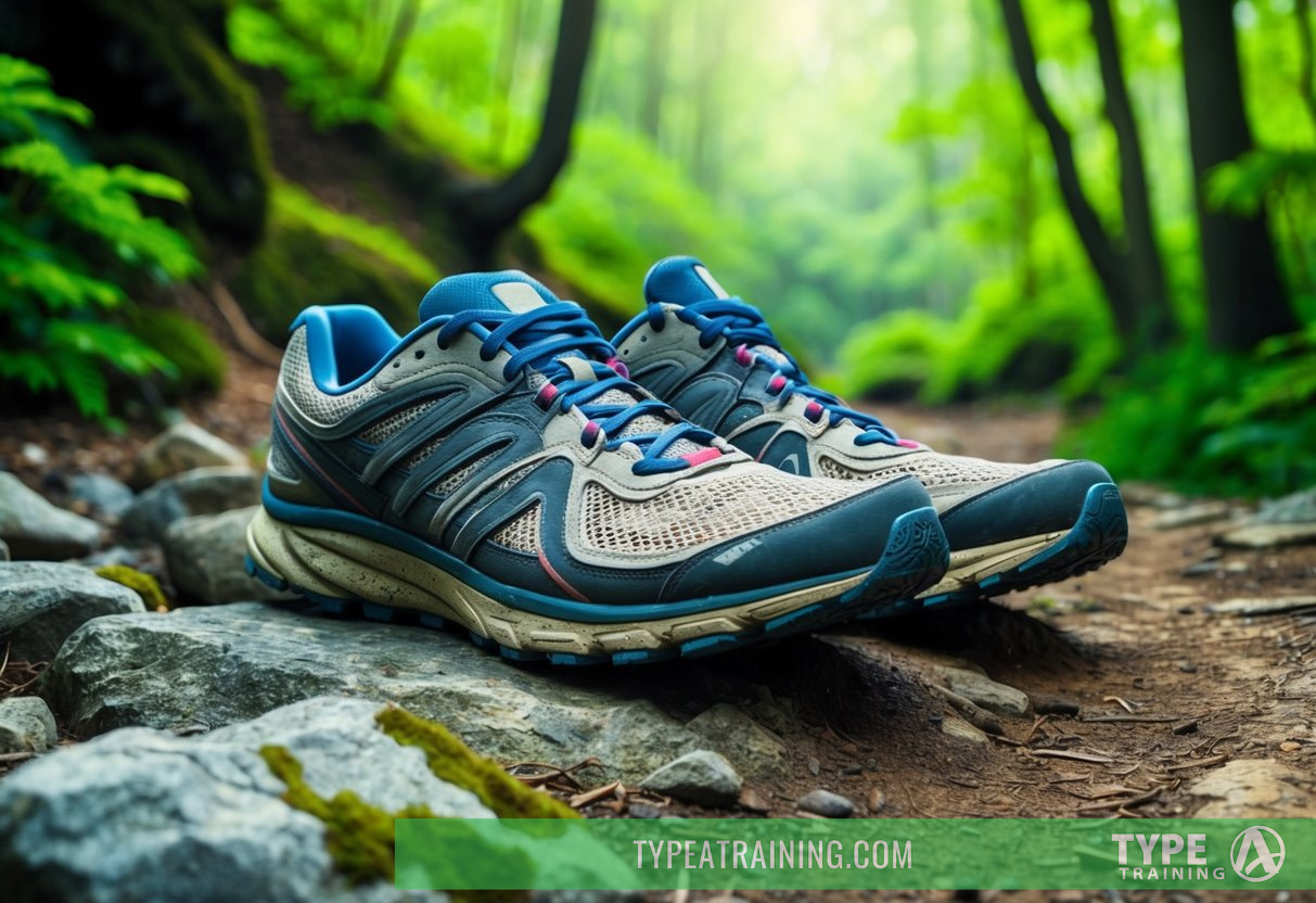 A pair of worn-out running shoes resting on a rocky trail, surrounded by lush green forest