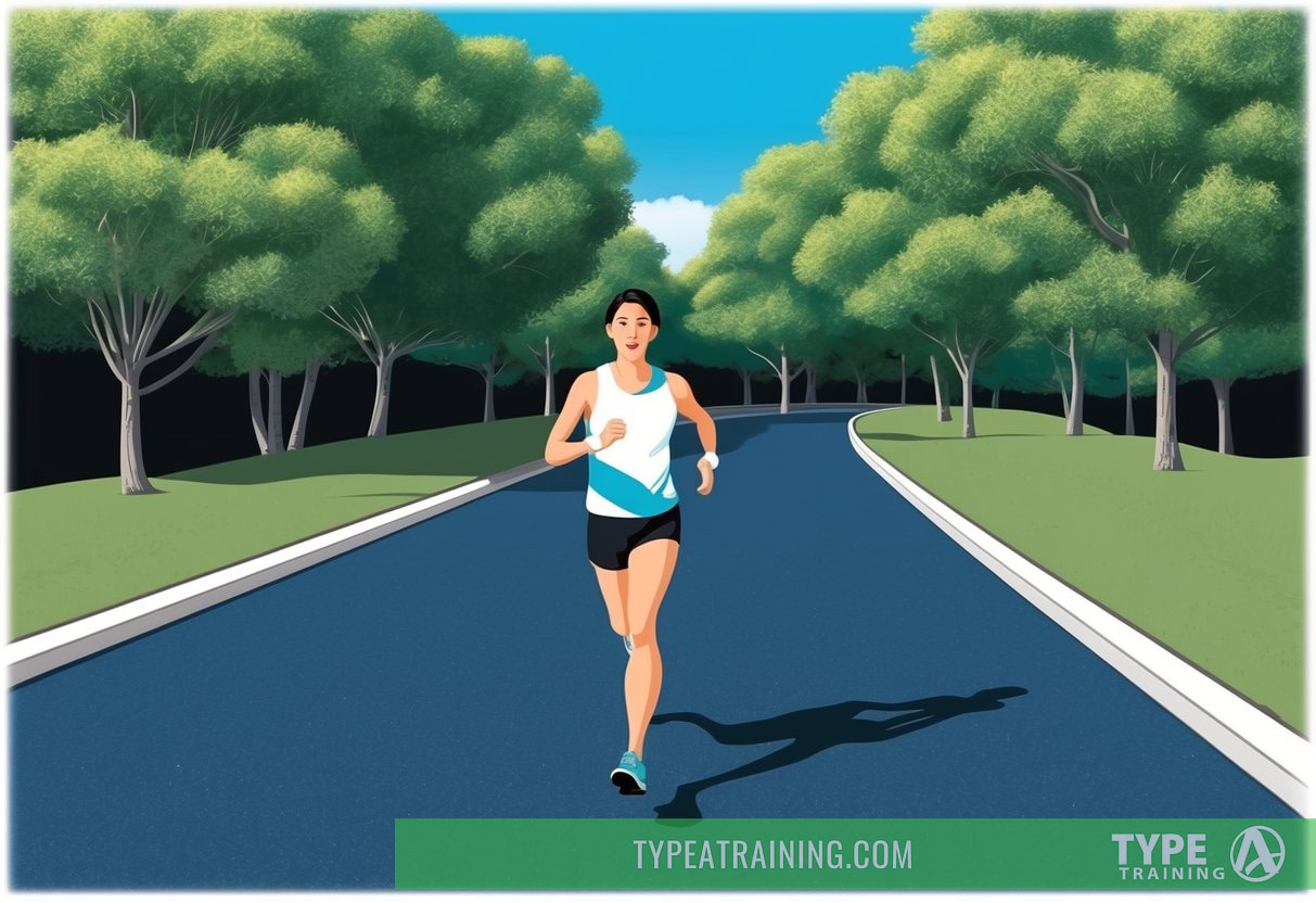 A person running on a smooth, paved path with a backdrop of trees and a clear blue sky