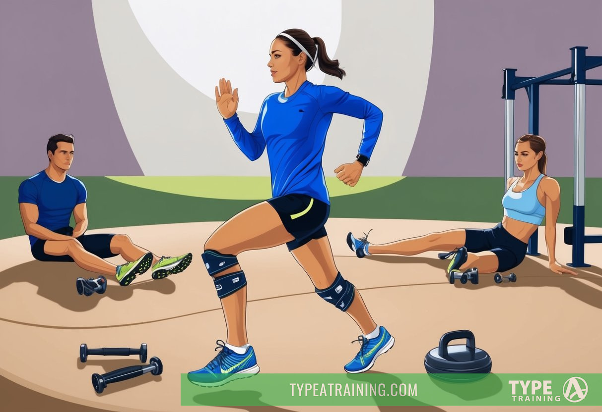 A runner wearing supportive shoes on a soft, even surface, with proper form and knee braces, surrounded by stretching and strengthening equipment