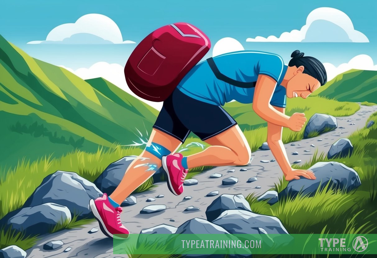 A person running on a rocky path, wincing in pain and holding their knee