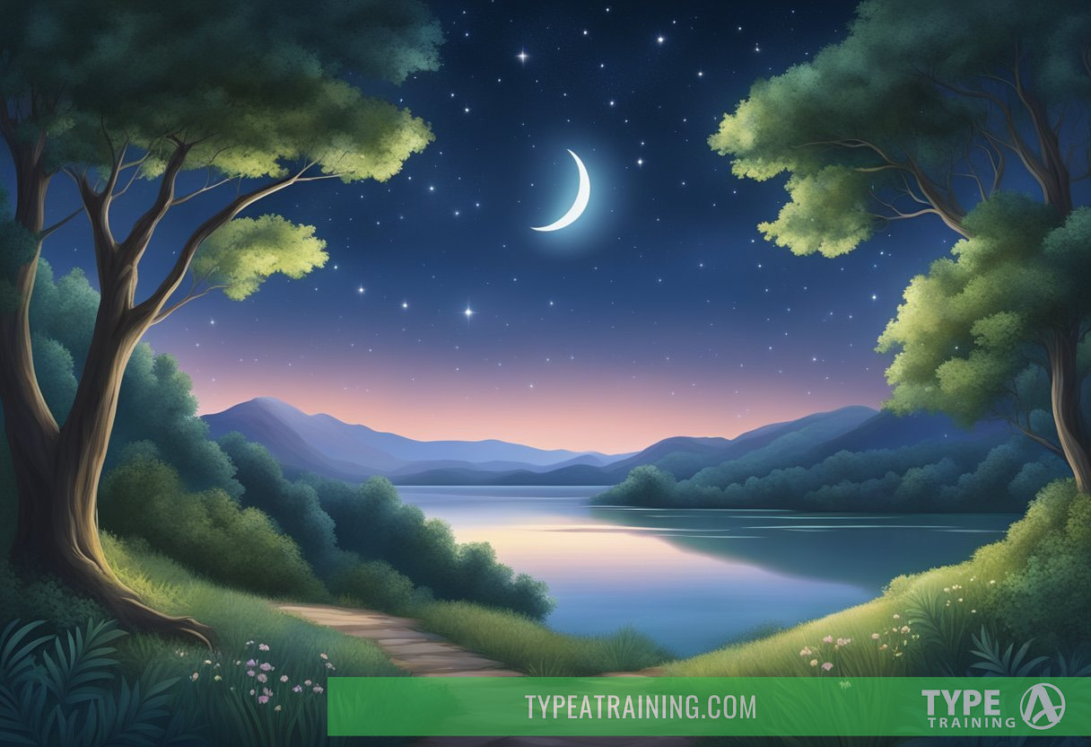 A serene night sky with a crescent moon shining down on a peaceful landscape of lush greenery and a tranquil body of water, with various sources of magnesium and tryptophan subtly integrated into the scenery