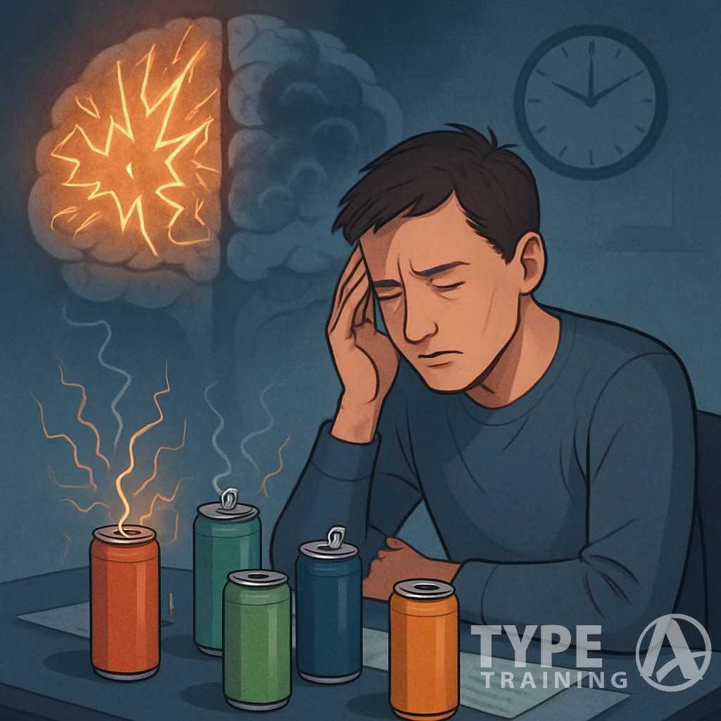 A person sitting at a desk looking stressed, surrounded by energy drink cans, with a ghostly brain in the background showing signs of anxiety and mood disorder.