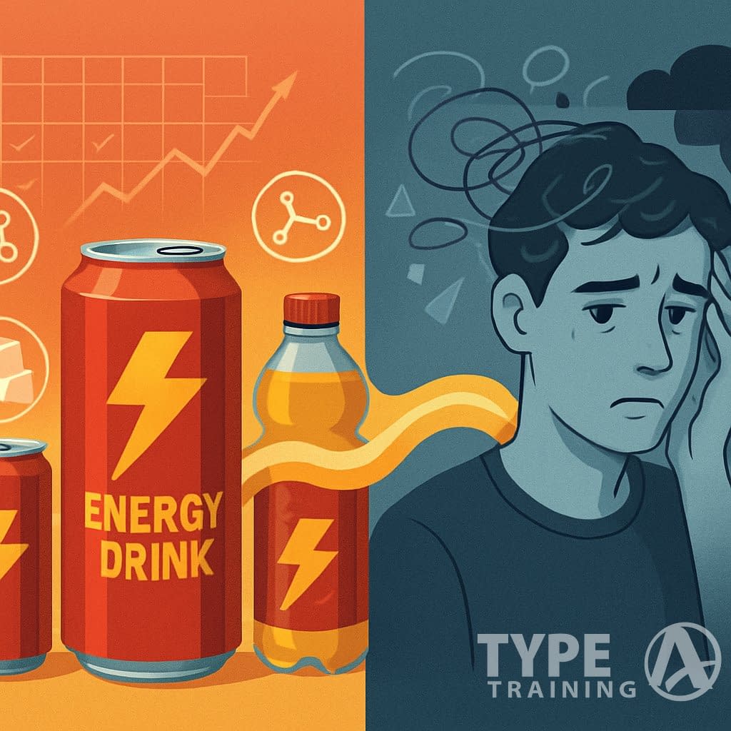 Illustration showing energy drink cans with ingredient icons on one side and a person with anxious expression surrounded by abstract shapes on the other, connected by an energy wave.