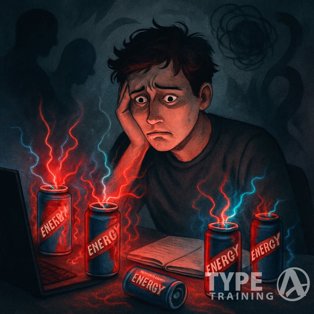 A person at a desk looking anxious surrounded by glowing energy drink cans with abstract shapes symbolizing mental distress around their head.