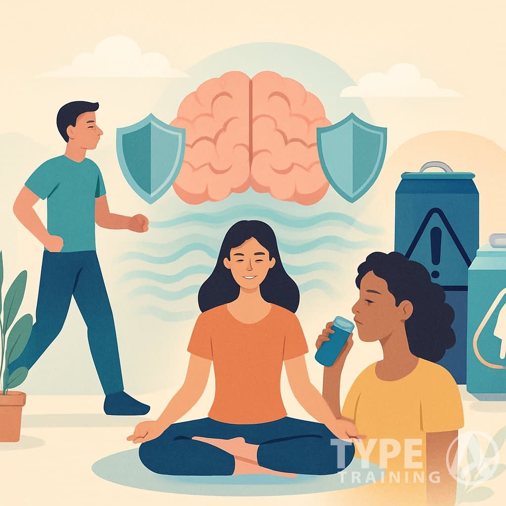People practicing mindfulness and healthy habits around energy drinks, showing calm and balanced emotions in a peaceful environment.