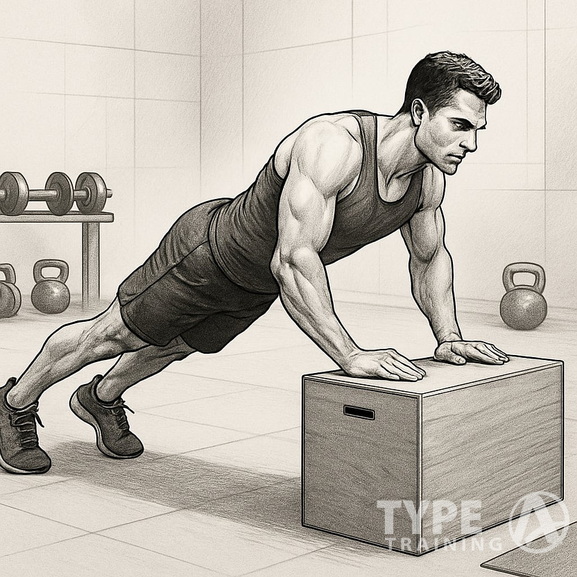 A person performing box push-ups with hands on a plyometric box in a gym setting.