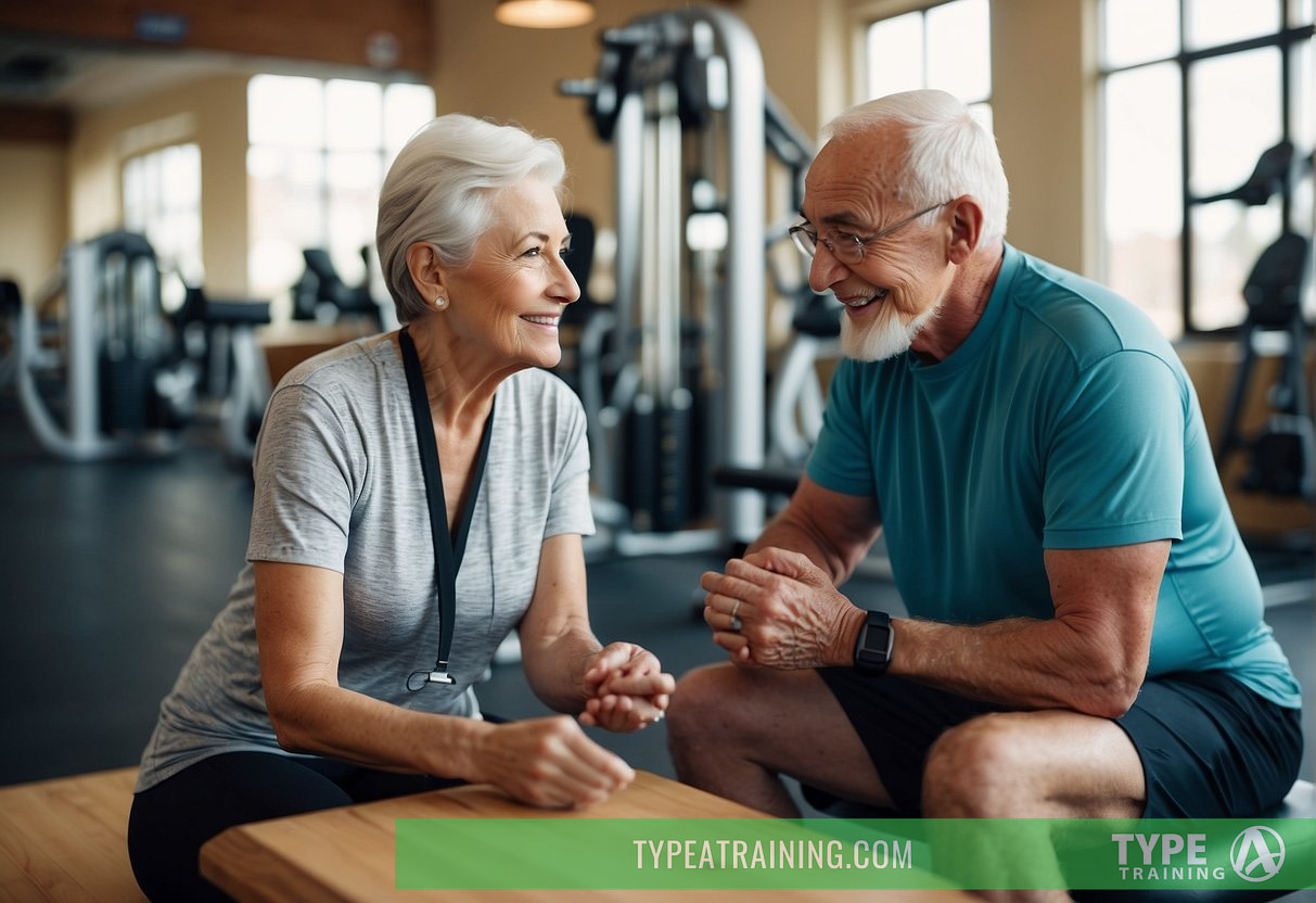 An elderly person sitting with a personal trainer, discussing exercise plans and goals in a bright, spacious gym setting