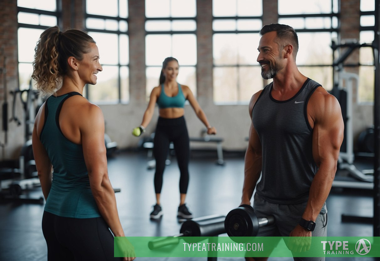 A couple engages in a joint workout session, receiving personalized training and support from a fitness instructor in a spacious, well-equipped gym setting