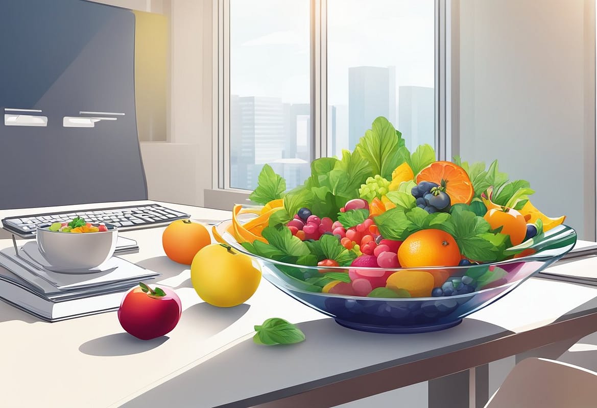 bowl of veggies in a bowl on a desk with a computer in the background