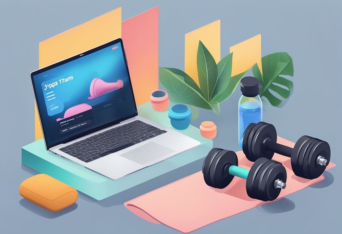 a laptop and dumbbells on a mat