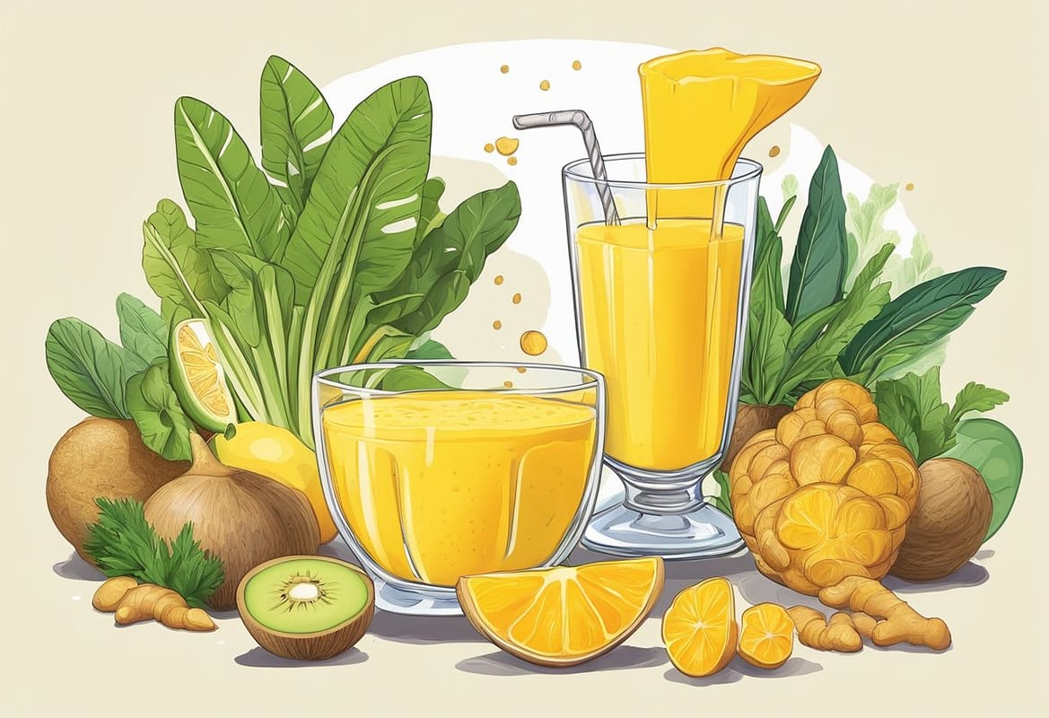 a yellow smoothie with fruits and vegetables