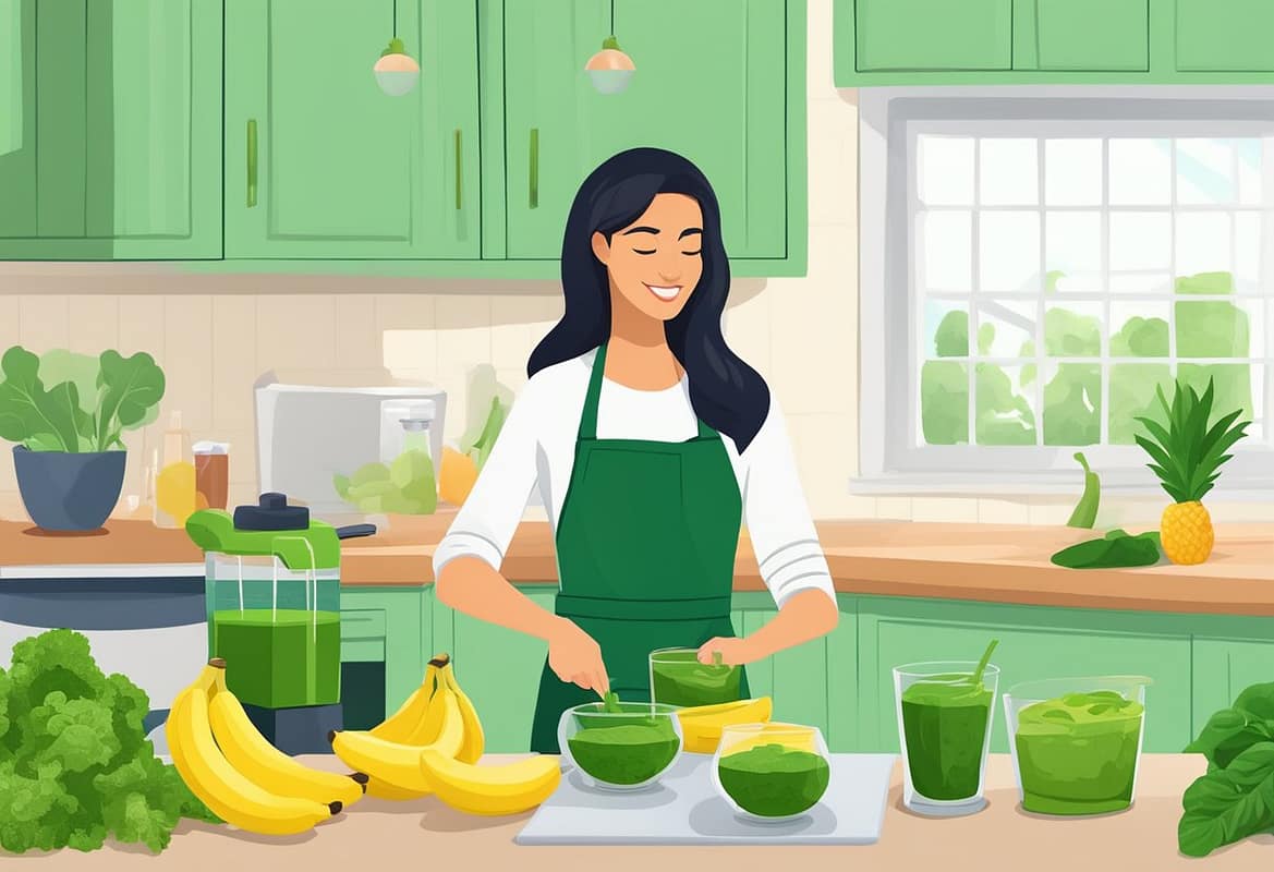 a woman in a kitchen making green smoothies