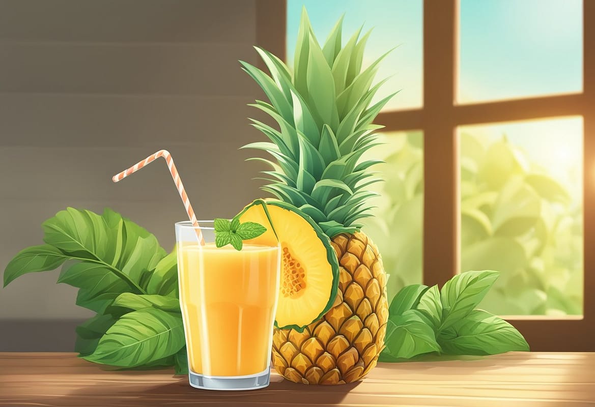 a pineapple and a glass of juice