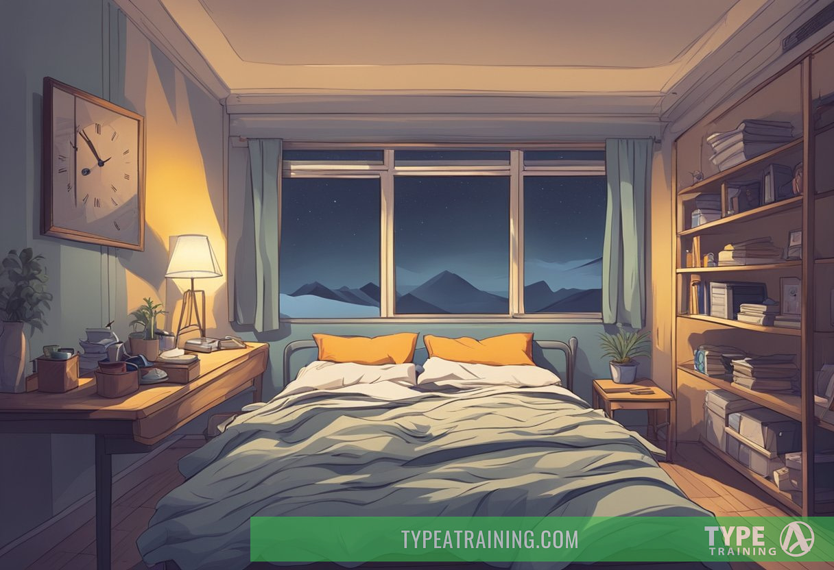 A dimly lit bedroom with a disheveled bed, a clock showing late hours, and a tired athlete struggling to stay awake