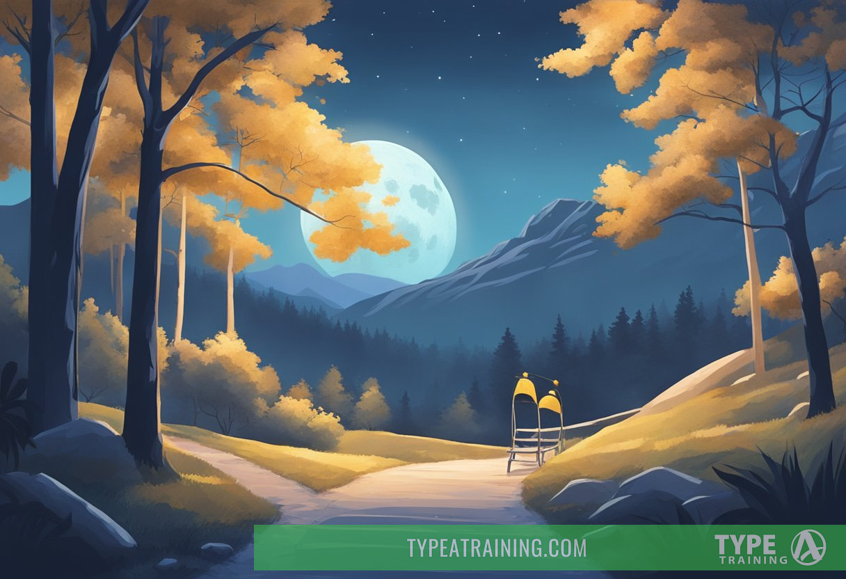 A serene moonlit landscape with a peaceful sleeping figure, surrounded by athletic equipment and a trail leading into the distance