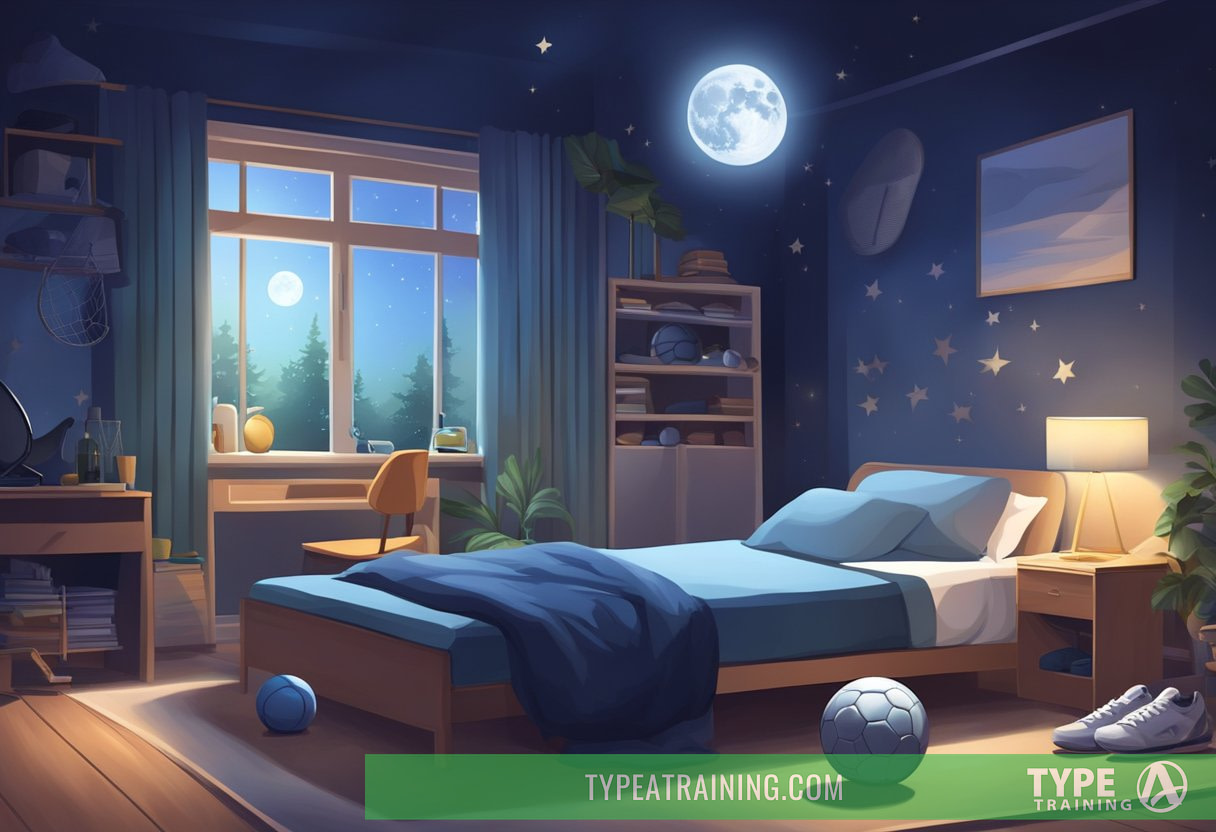 A serene moonlit night with a sleeping athlete surrounded by sports equipment and a peaceful, restful atmosphere