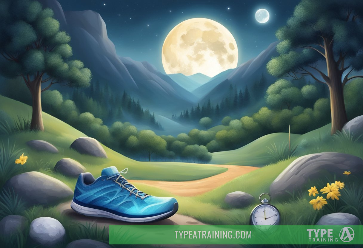 A serene moonlit landscape with a peaceful sleeping environment, surrounded by symbols of physical recovery and endurance, such as running shoes and a stopwatch