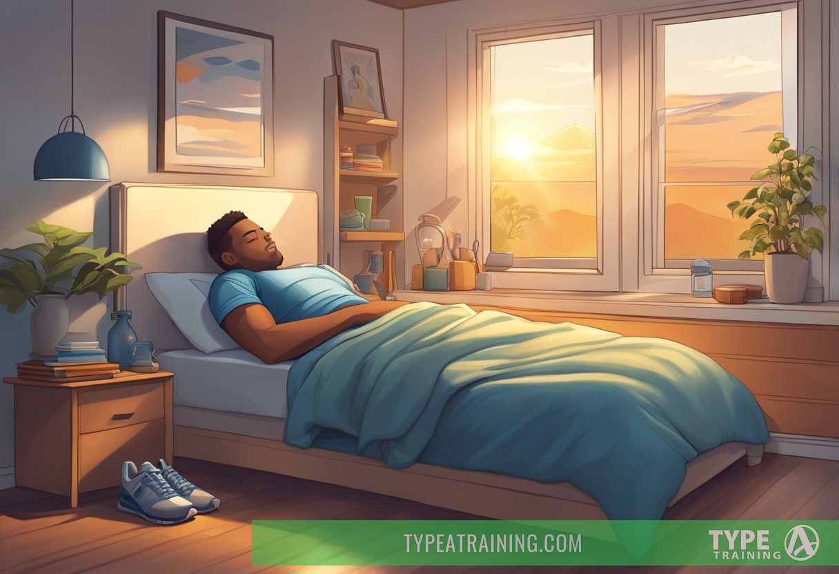 A runner peacefully sleeping in a cozy bed, surrounded by sports equipment and a water bottle, with a sunrise peeking through the window