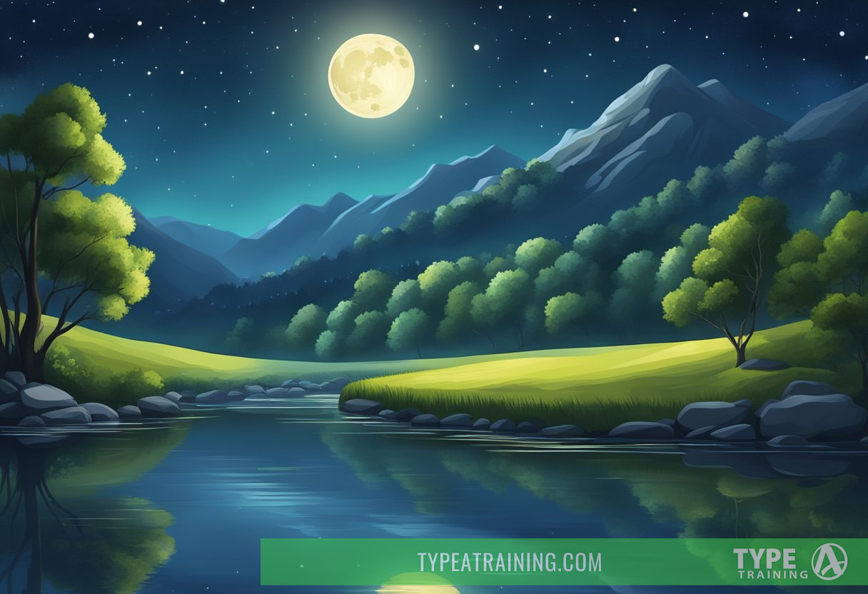 A serene moonlit landscape with a tranquil river, surrounded by lush greenery and a starry night sky above