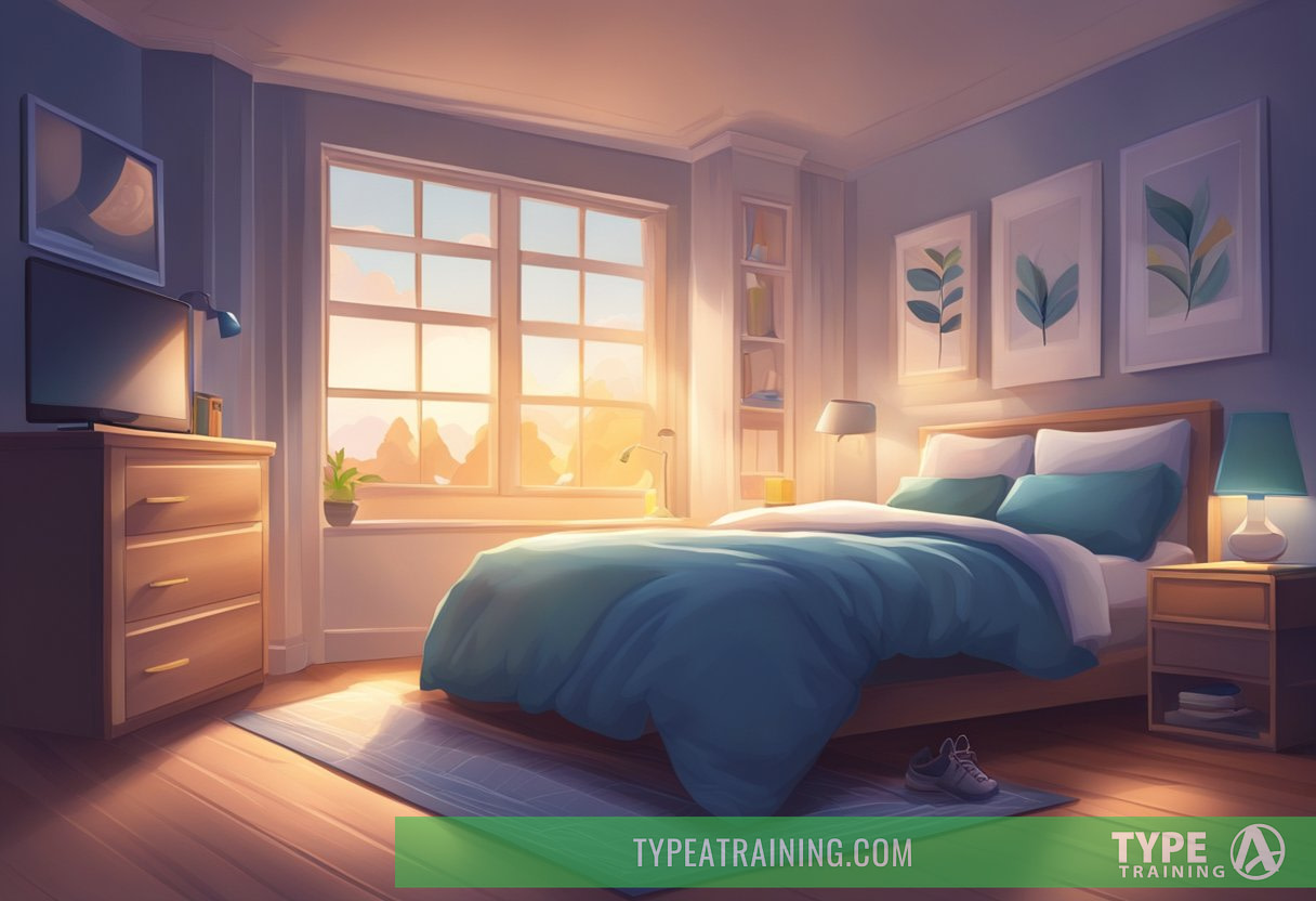 A peaceful bedroom with a cozy bed, a pair of running shoes, and a stopwatch symbolizing athletic performance. Moonlight shines through the window, creating a serene atmosphere
