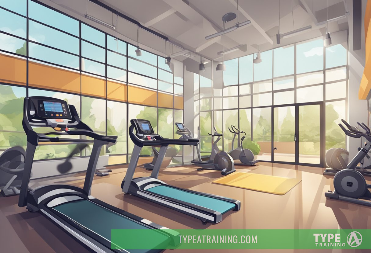 A gym setting with various workout equipment, such as treadmills, weights, and exercise bikes. The environment is bright and energetic, with motivational quotes and posters on the walls