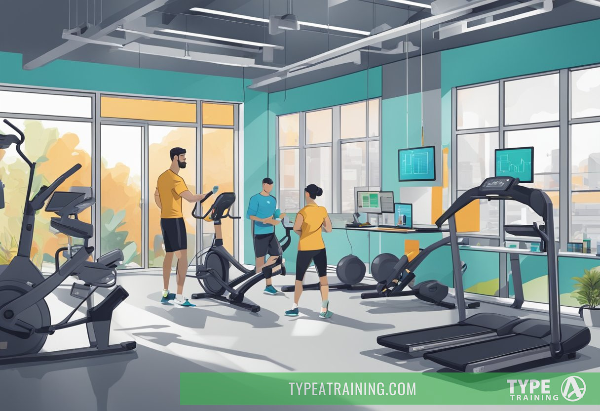 A lab setting with fitness equipment, charts, and researchers analyzing data on the benefits of HIIT