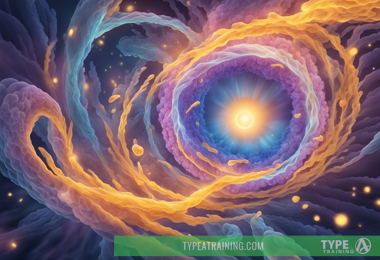 A swirling vortex of cellular debris being engulfed by a glowing, microscopic membrane, representing the process of autophagy during fasting