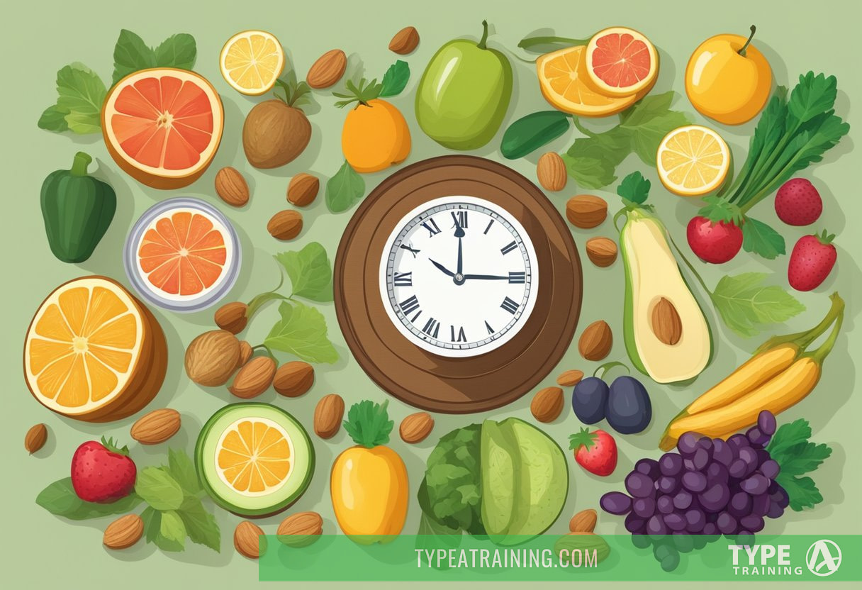 A table with a variety of fruits, vegetables, and nuts laid out, with a clock showing a specific time for fasting