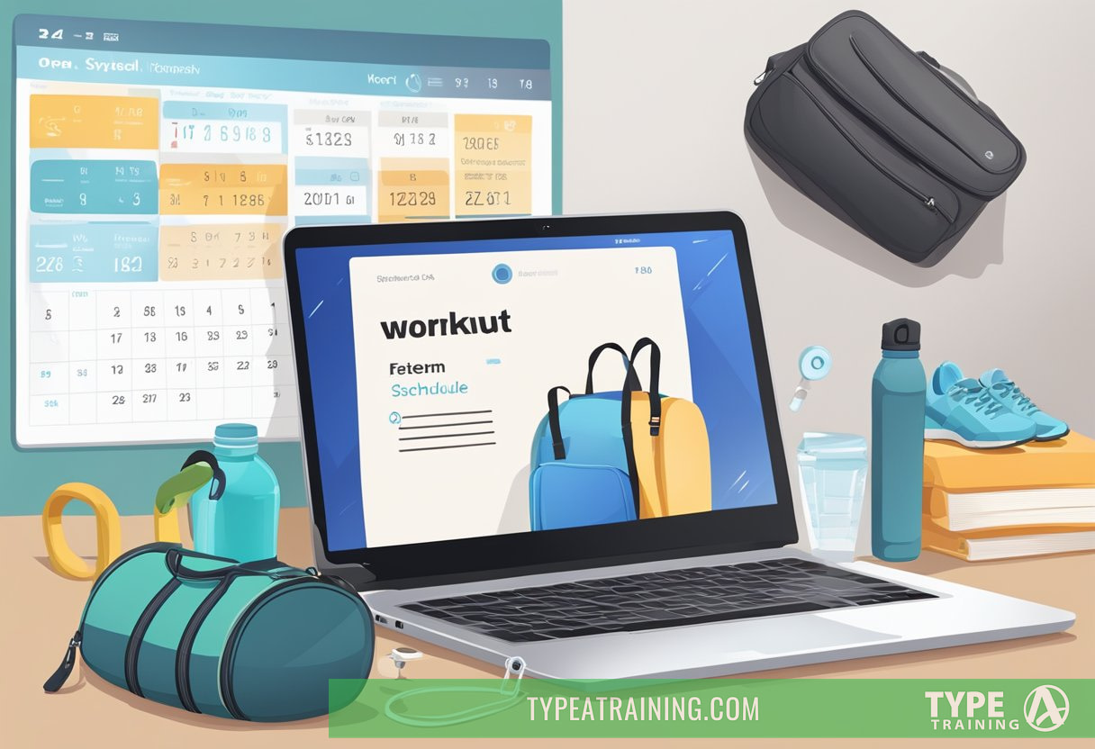 A laptop with a fitness app open, next to a gym bag and a water bottle. A calendar with workout schedule is visible on the wall