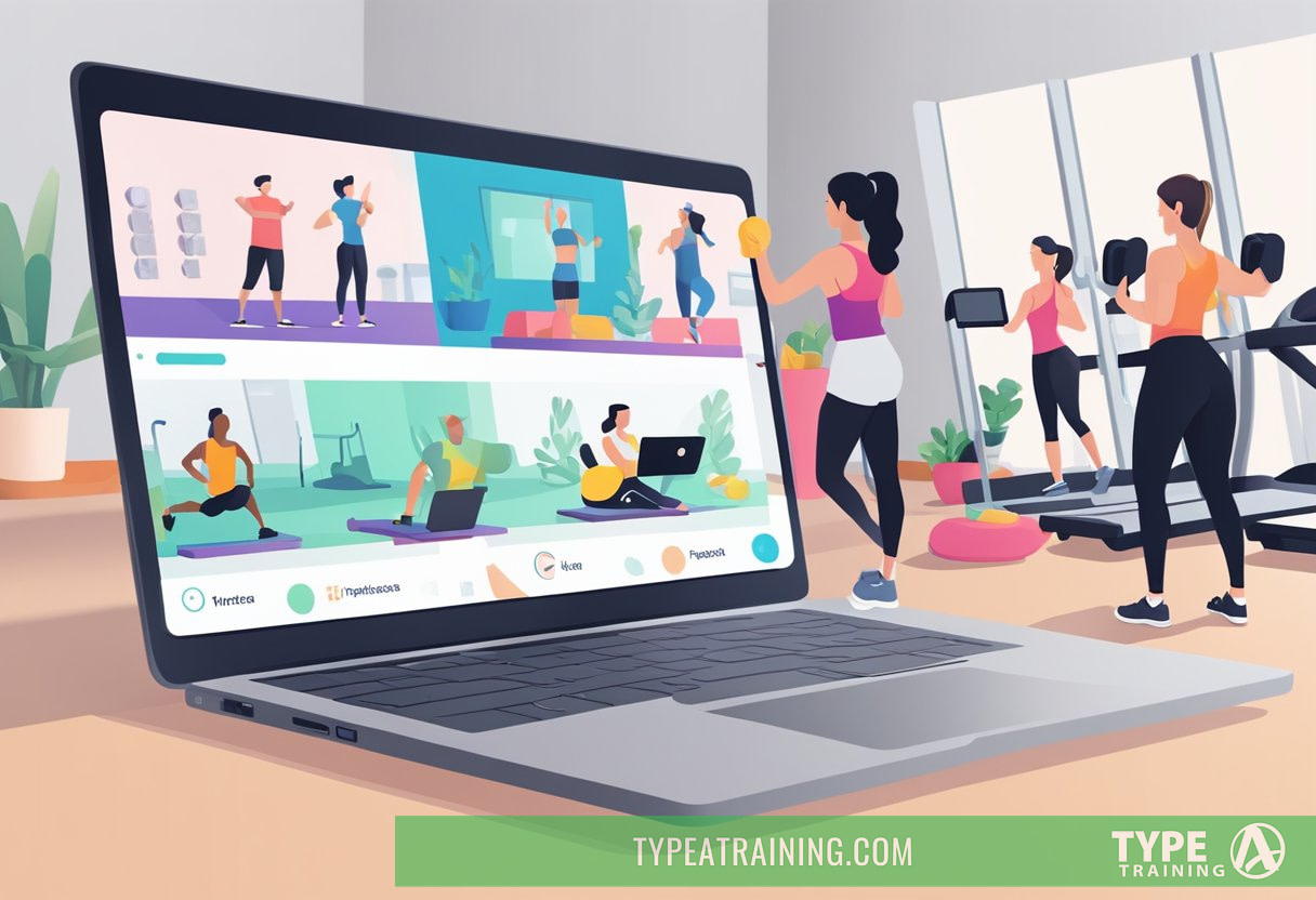 A laptop displaying a virtual fitness class, next to a gym with people working out in person