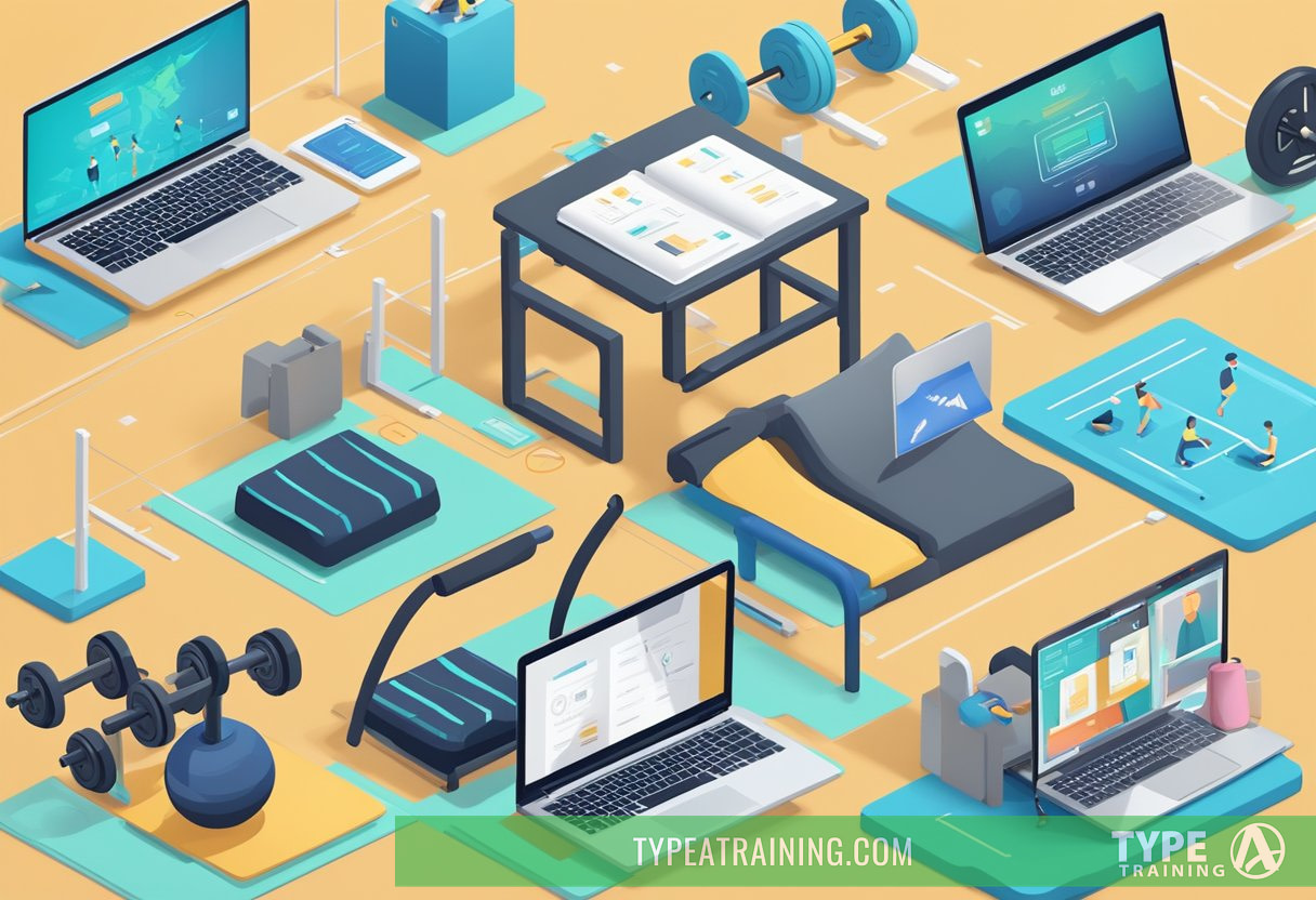 A split image of a laptop with online fitness options and a gym with in-person workouts, surrounded by fitness equipment and motivational posters