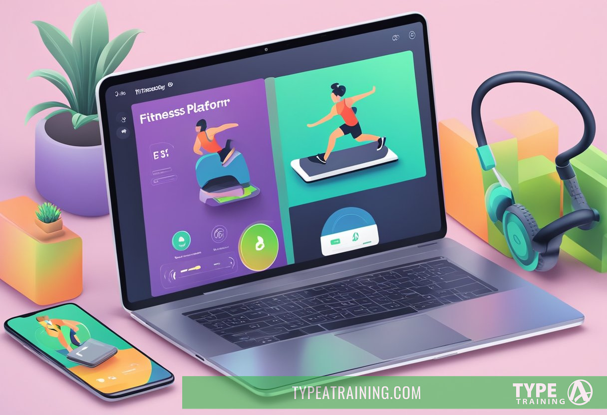 A laptop displaying an online fitness platform with various workout options. A smartphone with accessibility features next to it