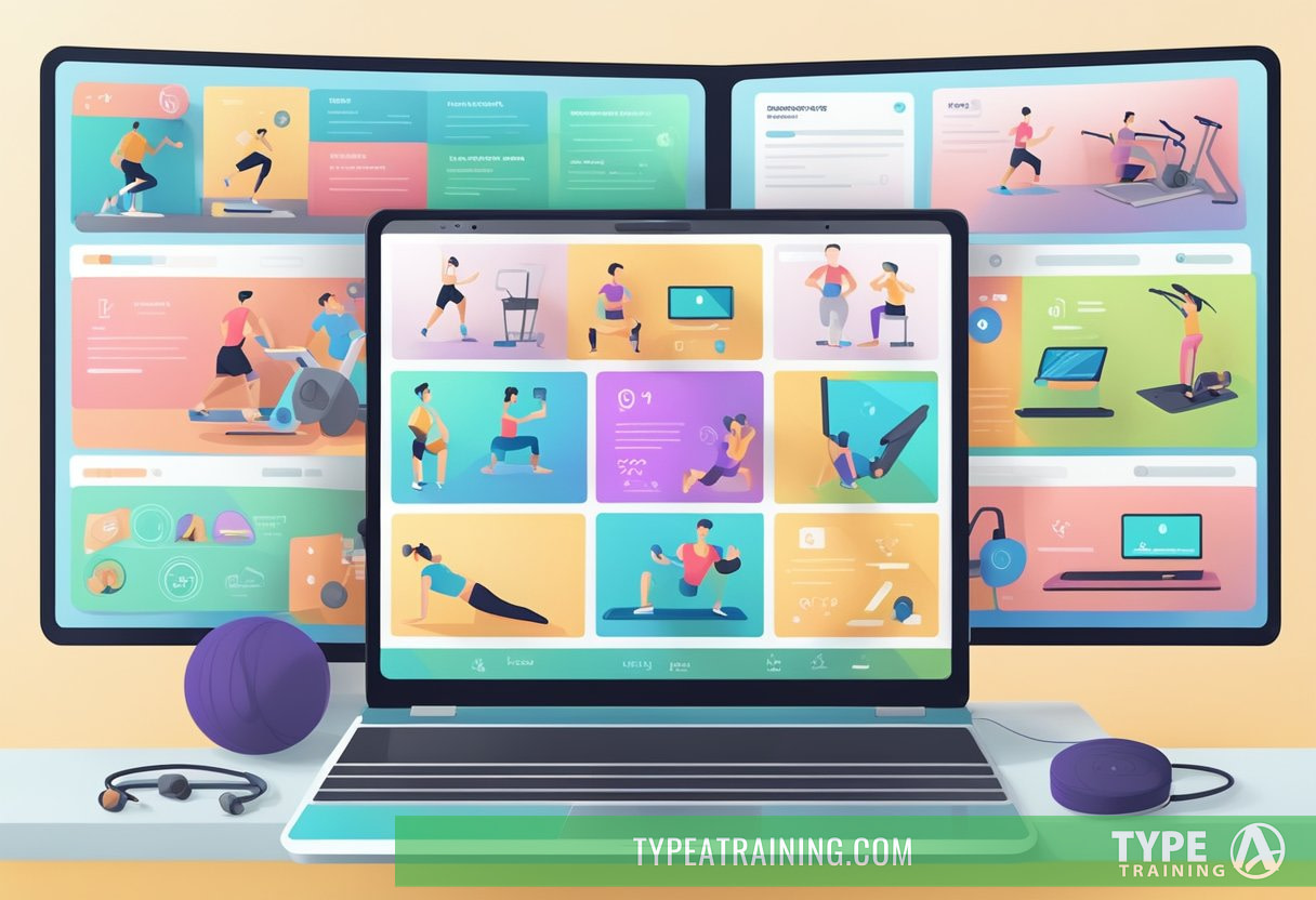 A split-screen showing a laptop with various online fitness programs and a gym with diverse workout equipment
