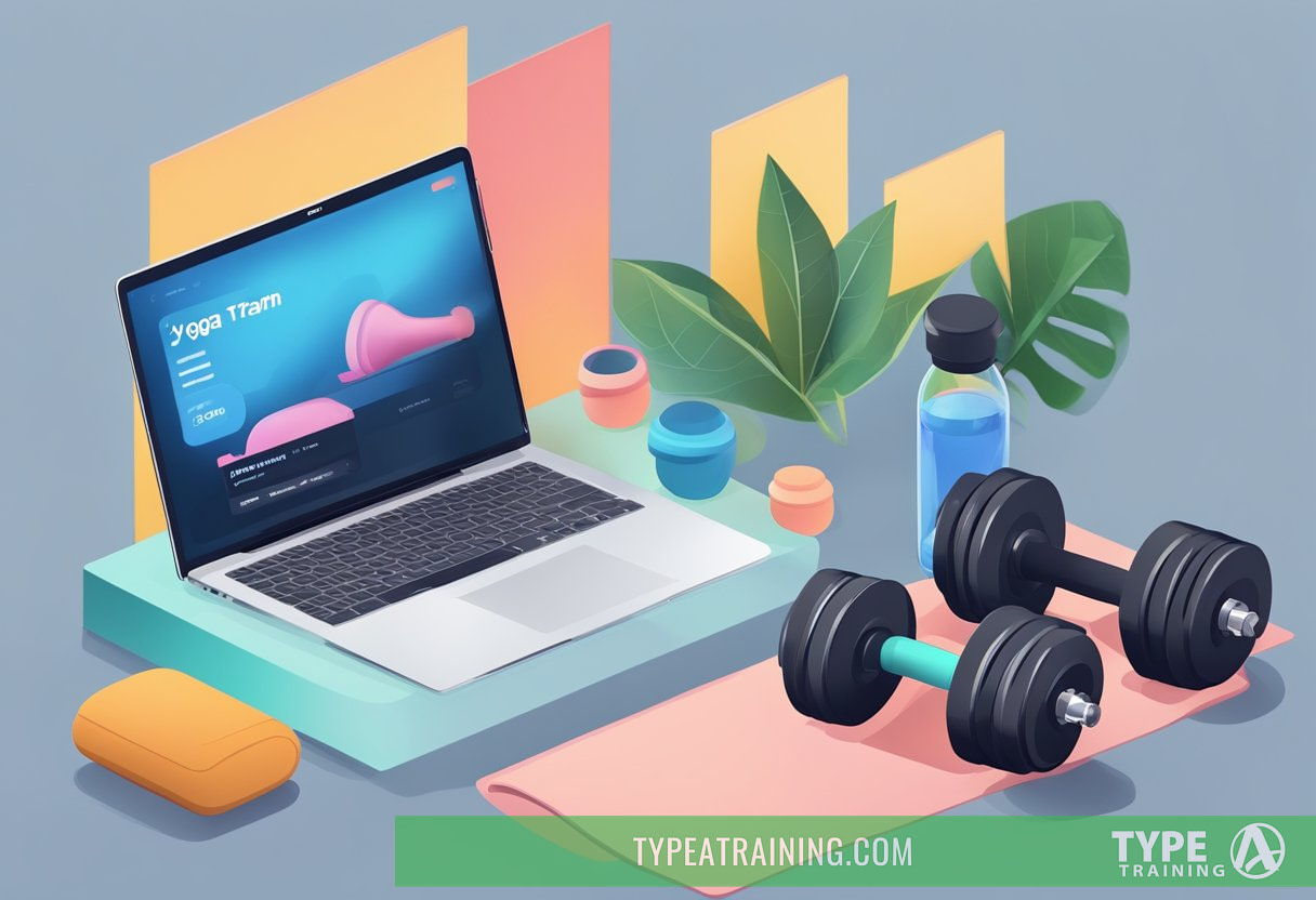 A laptop displaying a personalized fitness program next to a set of dumbbells and a yoga mat, with a virtual trainer on the screen