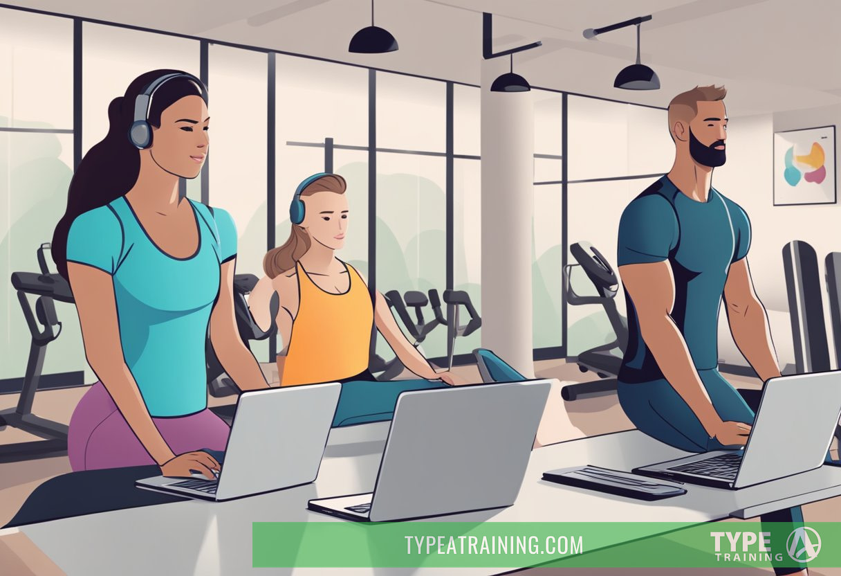 Two figures side by side: a laptop with a fitness training website open, and a gym with a personal trainer leading a workout session