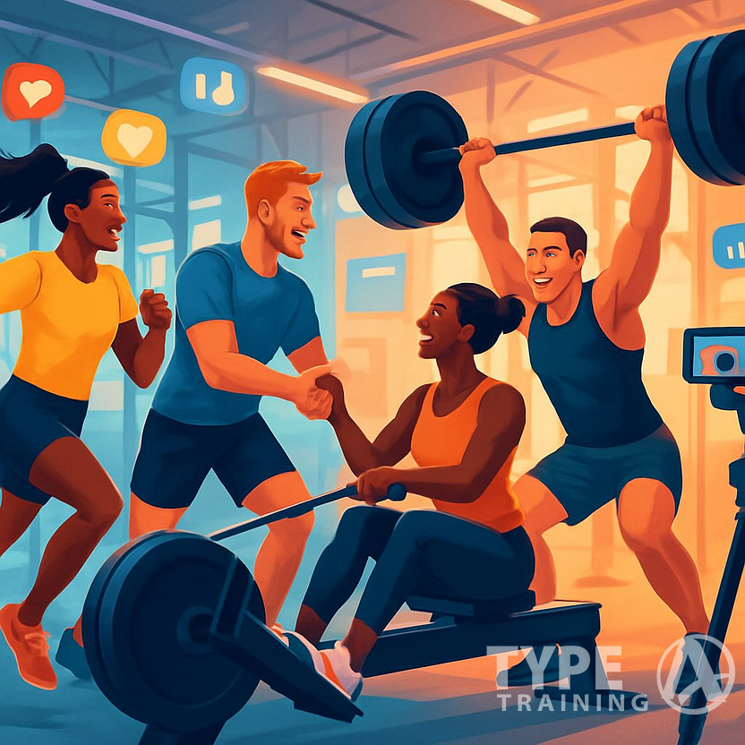 A group of athletes exercising together in a gym, showing teamwork and energy with fitness equipment and social media elements in the background.