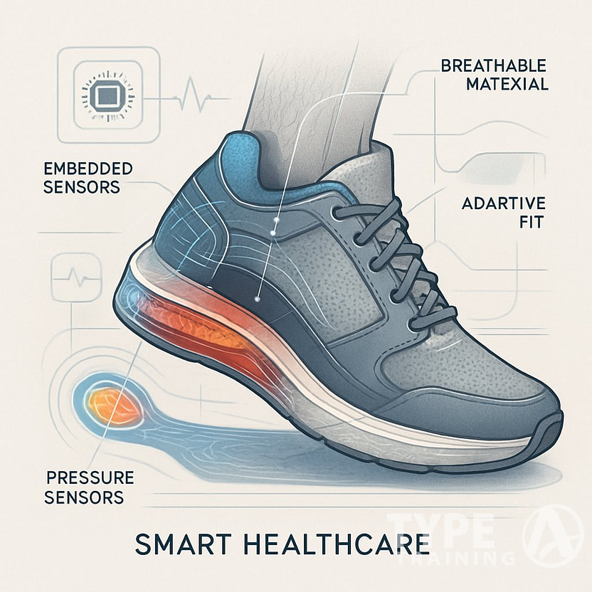 A detailed illustration of a modern walking shoe with visible internal components and sensors, highlighting smart features that support walking and healthcare.