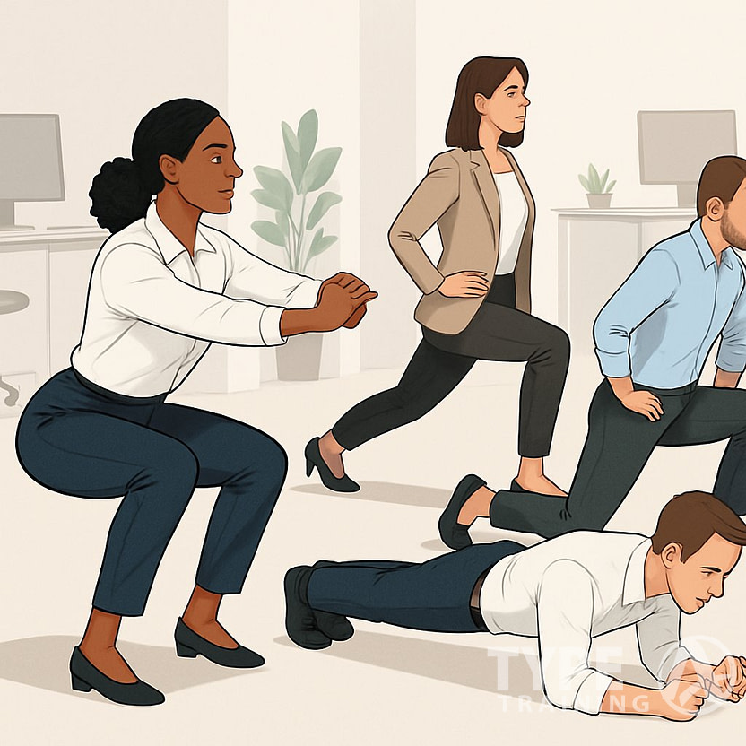 A group of professionals performing lower body and bodyweight exercises in an office setting to improve posture.