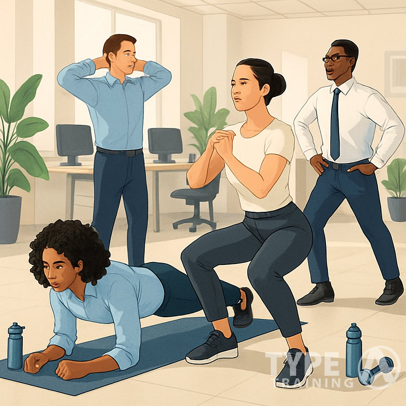 A group of professionals exercising with planks, squats, lunges, and posture stretches in a modern office setting.