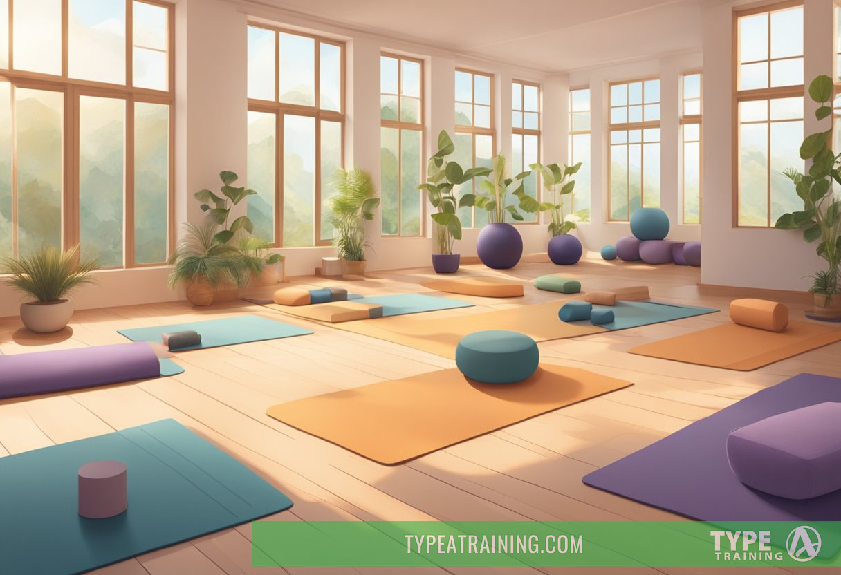 A serene yoga studio with soft lighting, a peaceful atmosphere, and various yoga props such as mats, blocks, and bolsters arranged neatly on the floor