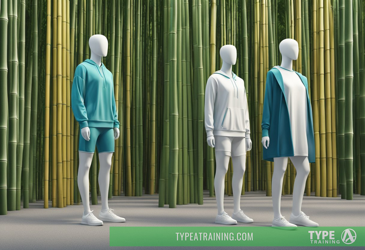 A bamboo forest with athletic clothing made from eco-friendly materials displayed on mannequins