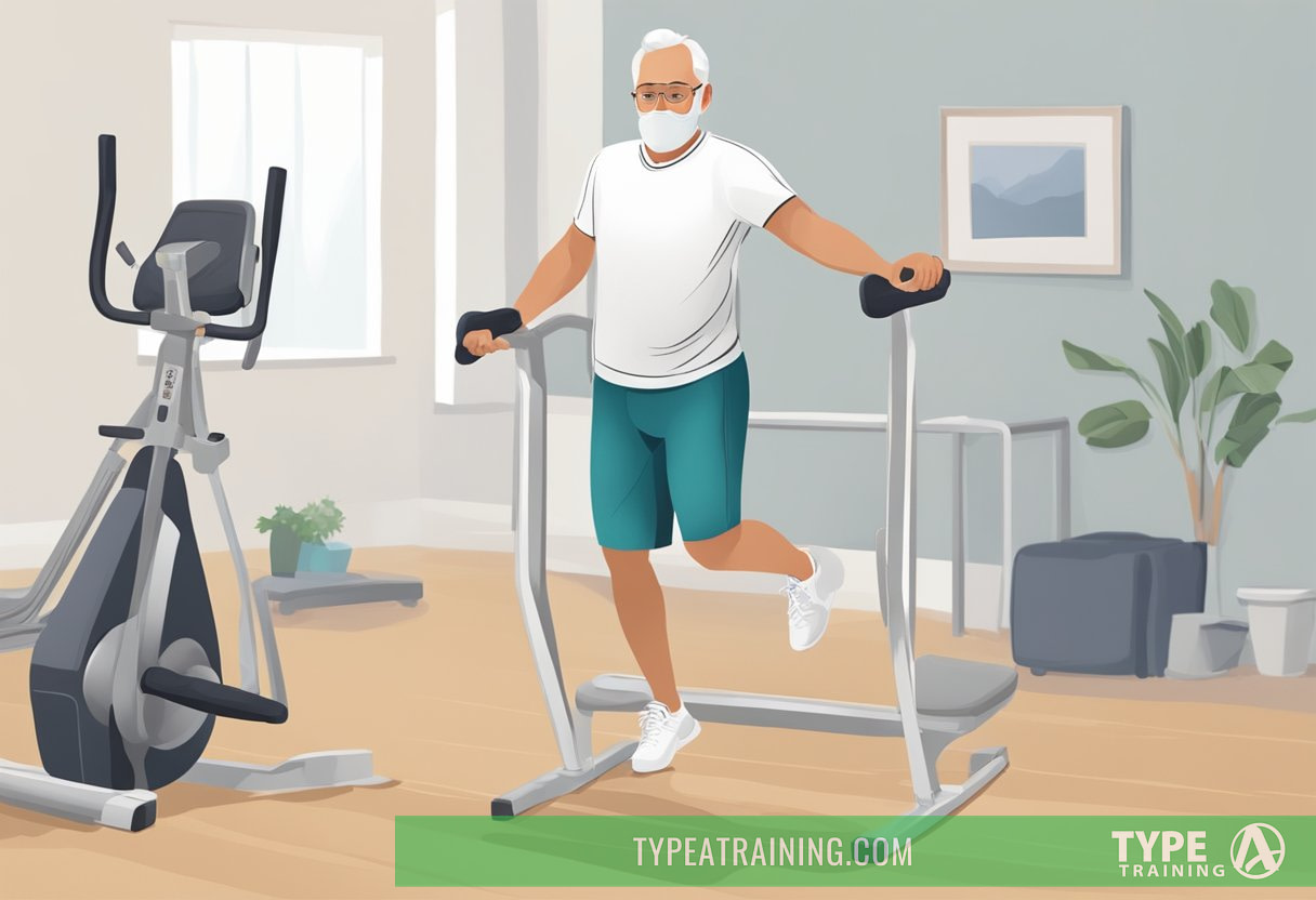 A mesothelioma patient avoiding heavy lifting and strenuous activities, opting for gentle stretching and light aerobic exercises