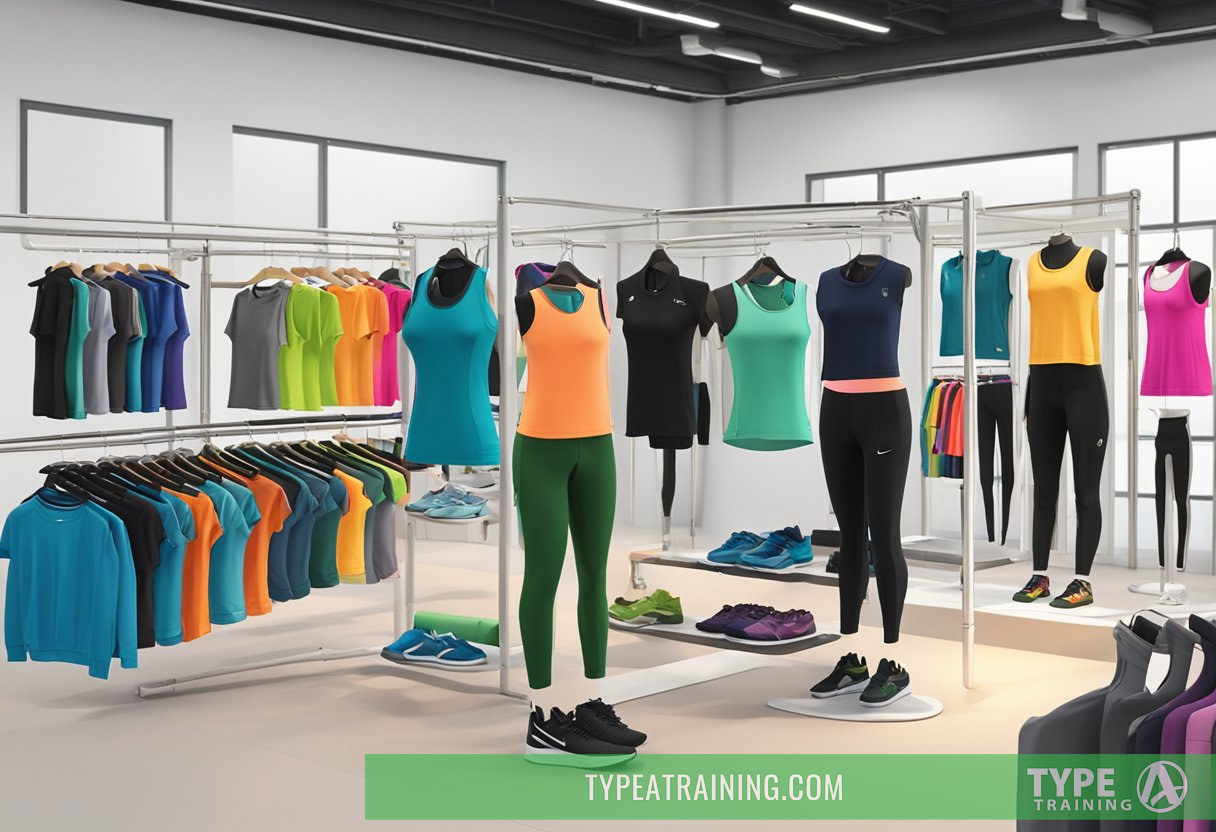 A bamboo activewear display at a fitness expo, featuring sleek, sustainable clothing items in various vibrant colors and patterns