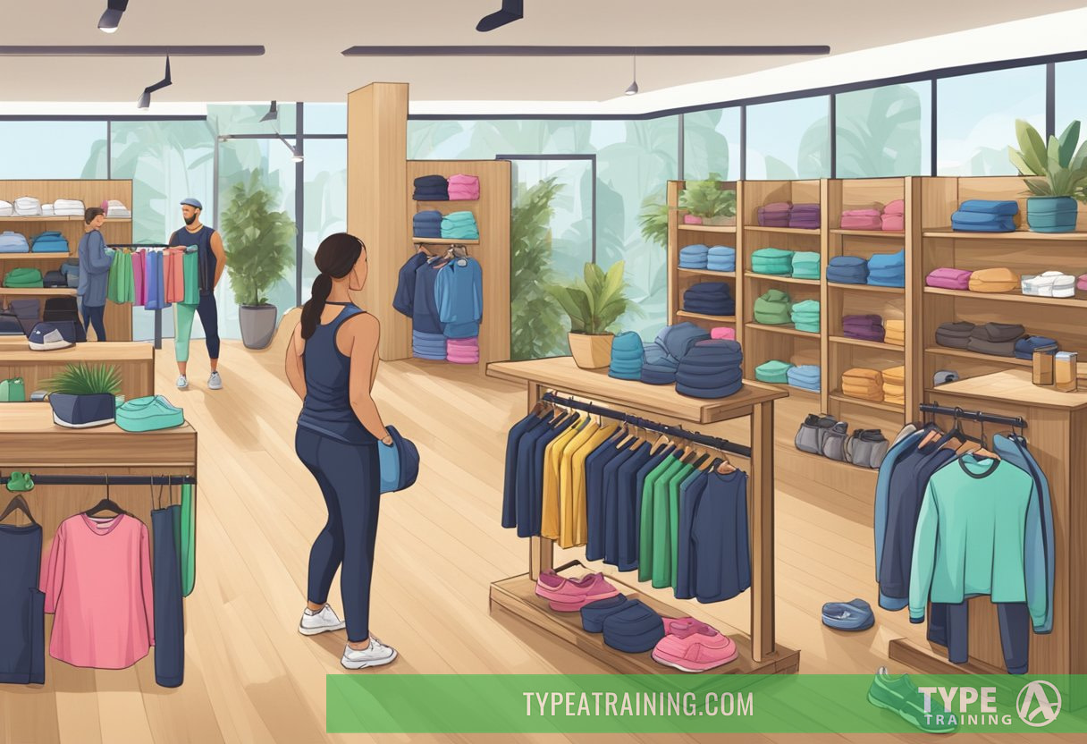 A bustling fitness apparel store with bamboo clothing prominently displayed, surrounded by active customers browsing and trying on various items