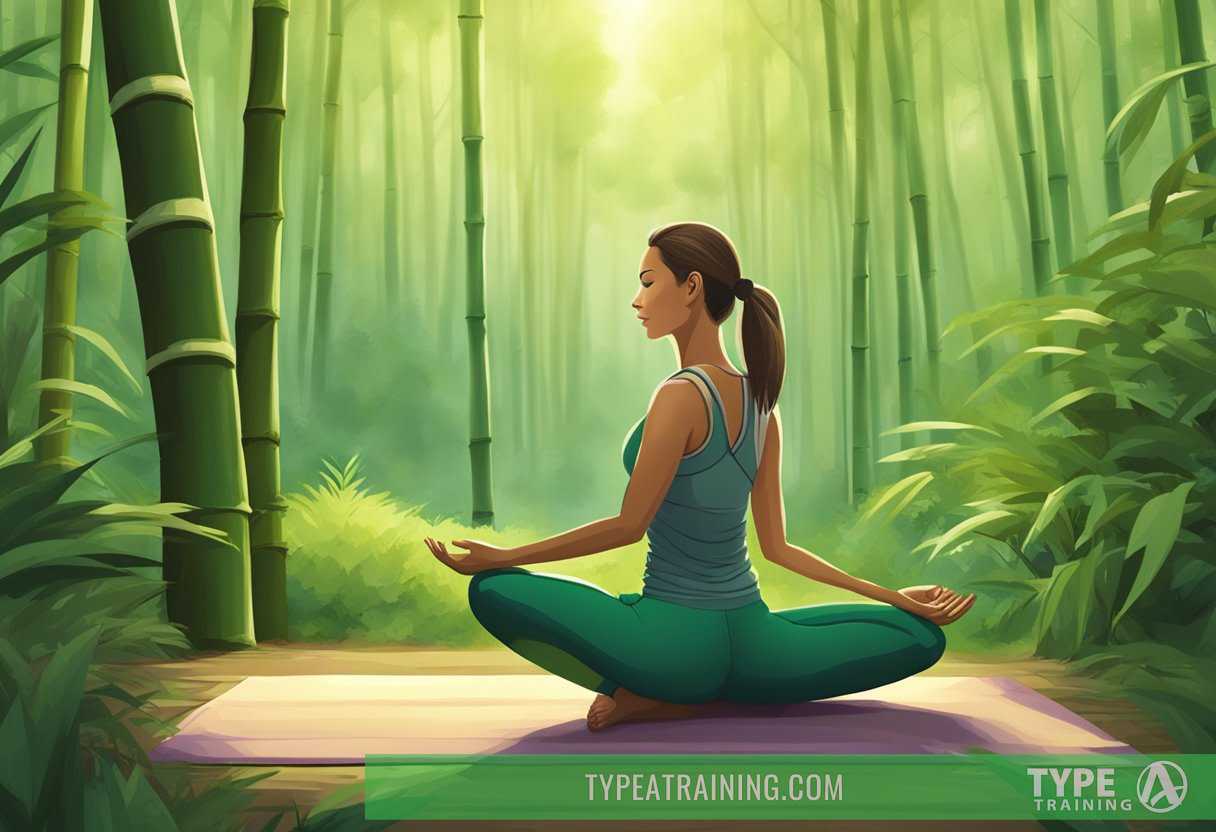 A person wearing bamboo clothing doing yoga on a bamboo mat in a lush green forest clearing