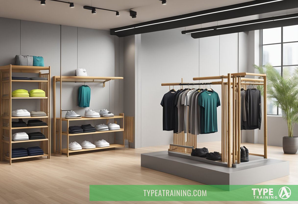 A bamboo clothing display in a modern fitness store, with various athletic garments and accessories showcased on sleek, minimalist fixtures