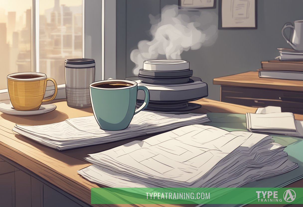 A steaming cup of coffee sits on a bedside table, surrounded by scattered sleep research papers and a cozy bed with a disheveled pillow