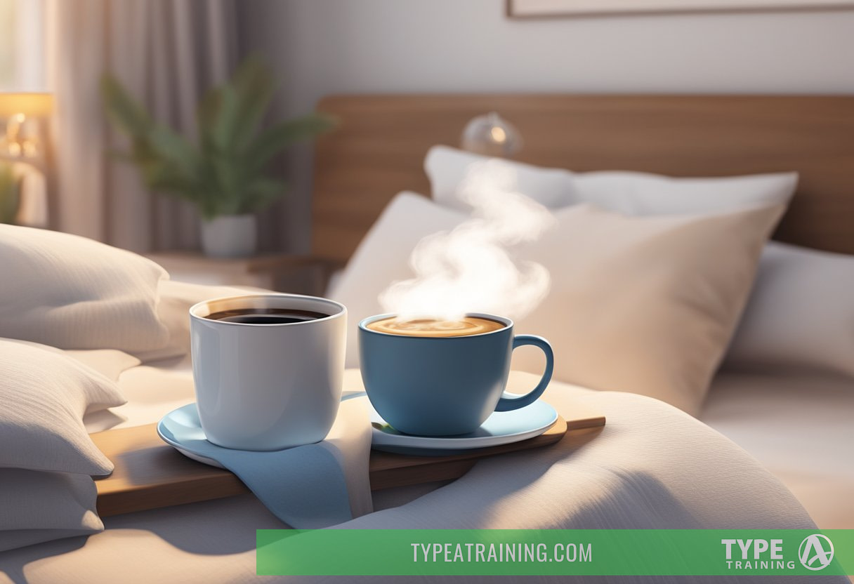 A steaming cup of coffee sits next to a cozy bed with a sleep mask and fluffy pillows