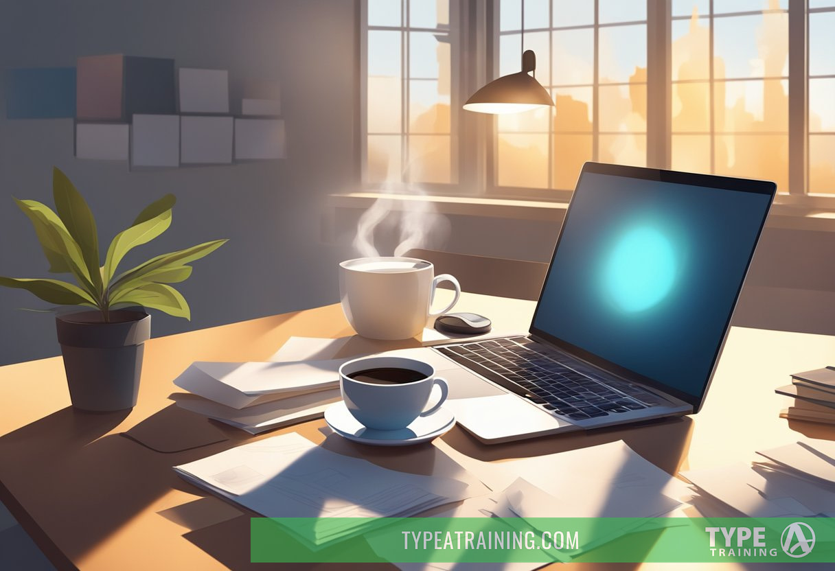 A steaming cup of coffee sits on a desk, surrounded by scattered papers and a glowing computer screen. The sun shines through a window, casting shadows on the workspace