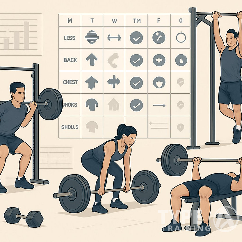 Athletes performing various strength training exercises in a gym, with visual elements showing workout splits and progress charts in the background.